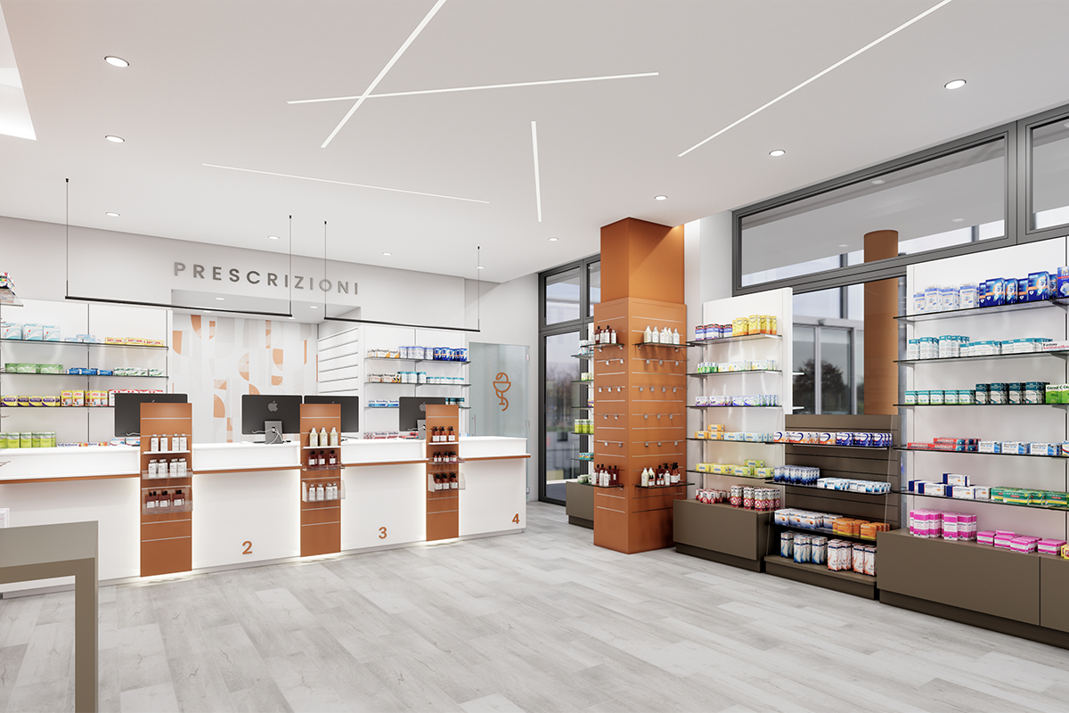 Render di arredamento farmacia